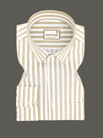 Premium Linen Cotton Brown Line On White Shirt For Men