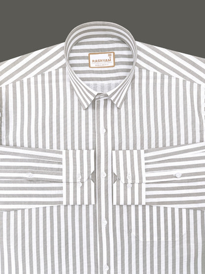 Premium Linen Cotton Greyish Line on White Shirt For Men