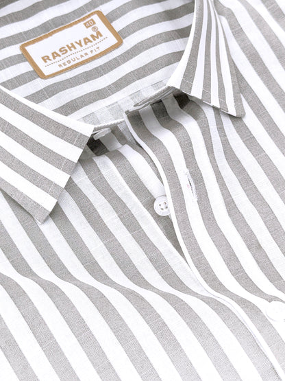 Premium Linen Cotton Greyish Line on White Shirt For Men