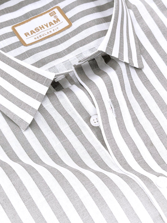 Premium Linen Cotton Greyish Line on White Shirt For Men