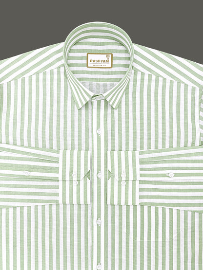 Premium Linen Cotton Greenish Line on White Shirt For Men