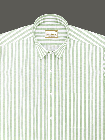 Premium Linen Cotton Greenish Line on White Shirt For Men