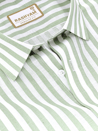 Premium Linen Cotton Greenish Line on White Shirt For Men