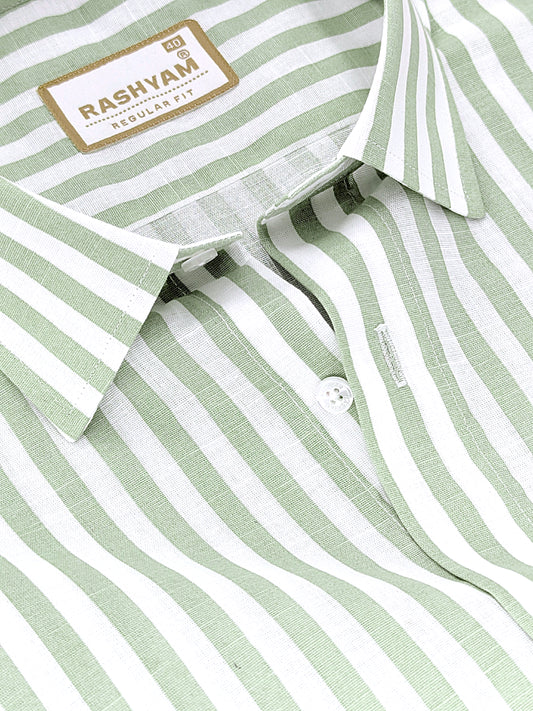 Premium Linen Cotton Greenish Line on White Shirt For Men