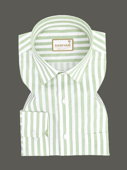 Premium Linen Cotton Greenish Line on White Shirt For Men