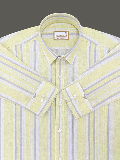 Orvieto Luxurious Linen Cotton Cream With Lemon Yellow And Light Grey Stripes Formal Shirt