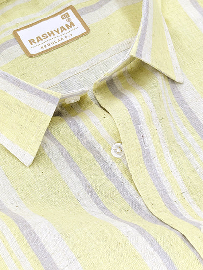 Orvieto Luxurious Linen Cotton Cream With Lemon Yellow And Light Grey Stripes Formal Shirt