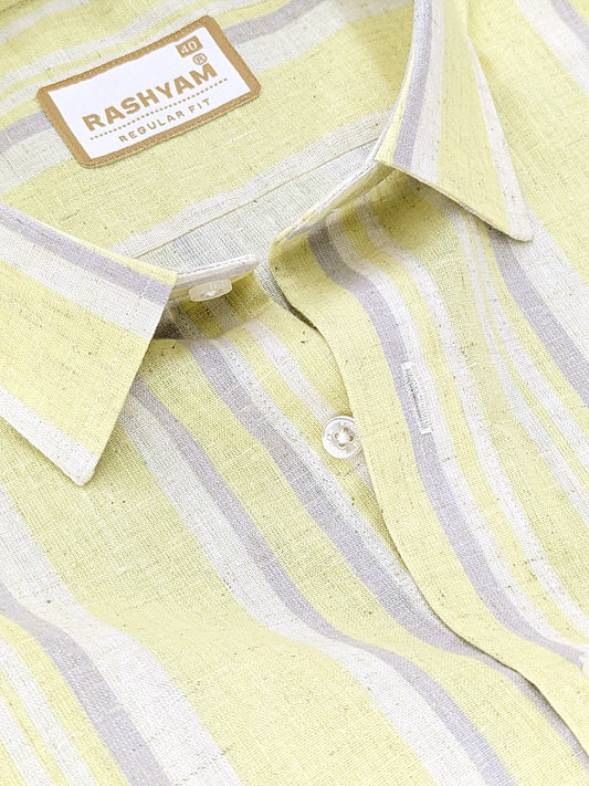 Orvieto Luxurious Linen Cotton Cream With Lemon Yellow And Light Grey Stripes Formal Shirt