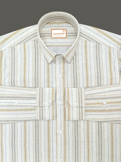 Orvieto Luxurious Linen Cotton Cream With Light Mustard And Olive Grey Stripes Formal Shirt