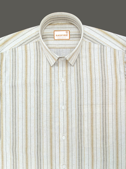 Orvieto Luxurious Linen Cotton Cream With Light Mustard And Olive Grey Stripes Formal Shirt