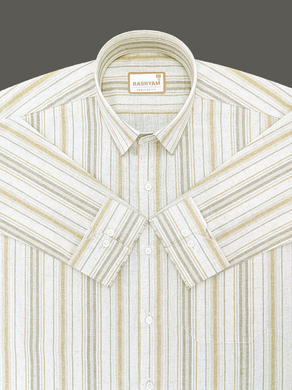 Orvieto Luxurious Linen Cotton Cream With Light Mustard And Olive Grey Stripes Formal Shirt