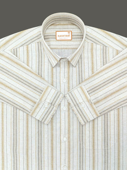 Orvieto Luxurious Linen Cotton Cream With Light Mustard And Olive Grey Stripes Formal Shirt