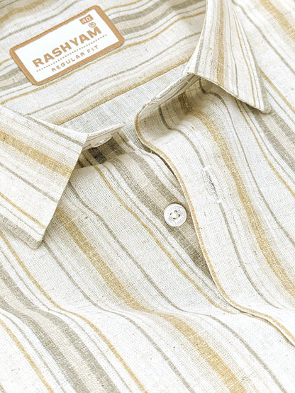 Orvieto Luxurious Linen Cotton Cream With Light Mustard And Olive Grey Stripes Formal Shirt