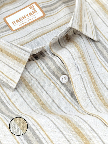 Orvieto Luxurious Linen Cotton Cream With Light Mustard And Olive Grey Stripes Formal Shirt