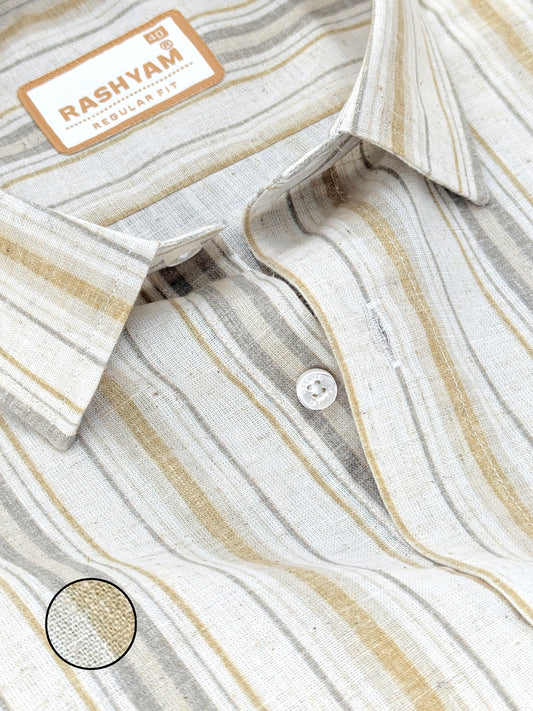Orvieto Luxurious Linen Cotton Cream With Light Mustard And Olive Grey Stripes Formal Shirt