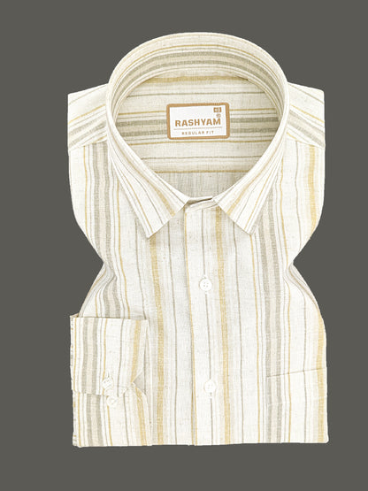 Orvieto Luxurious Linen Cotton Cream With Light Mustard And Olive Grey Stripes Formal Shirt