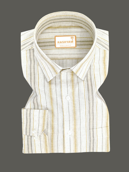 Orvieto Luxurious Linen Cotton Cream With Light Mustard And Olive Grey Stripes Formal Shirt