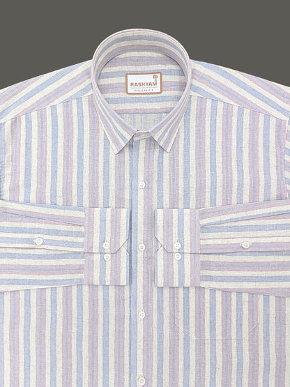 Orvieto Luxurious Linen Cotton Cream With Soft Blue And Light Lavender-Pink Stripes Formal Shirt