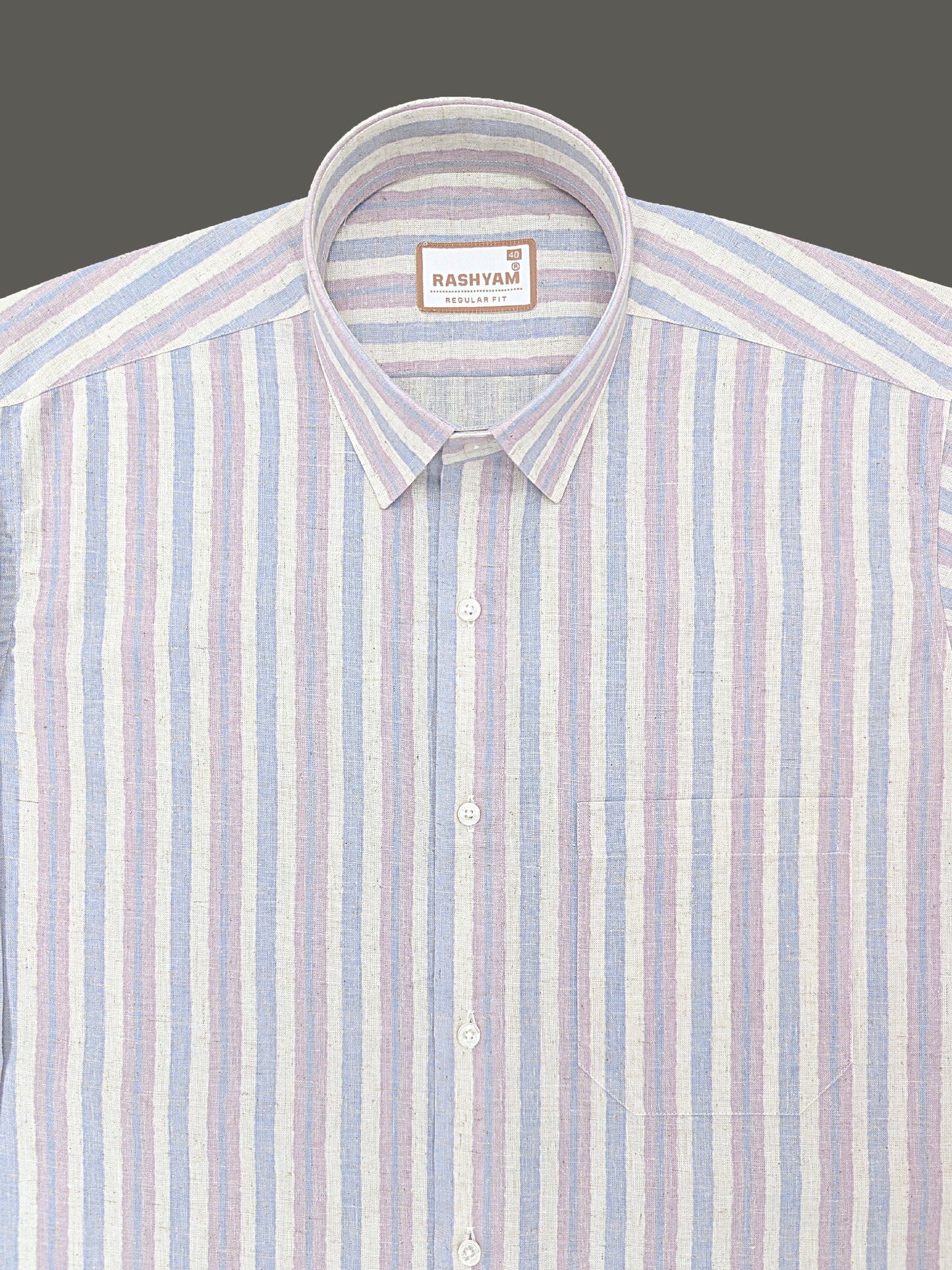 Orvieto Luxurious Linen Cotton Cream With Soft Blue And Light Lavender-Pink Stripes Formal Shirt
