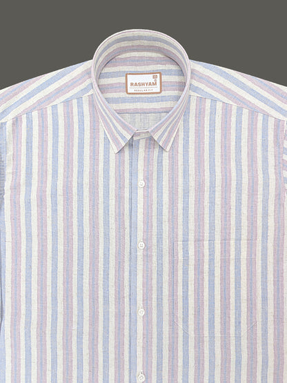 Orvieto Luxurious Linen Cotton Cream With Soft Blue And Light Lavender-Pink Stripes Formal Shirt