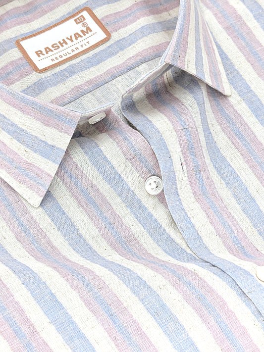 Orvieto Luxurious Linen Cotton Cream With Soft Blue And Light Lavender-Pink Stripes Formal Shirt