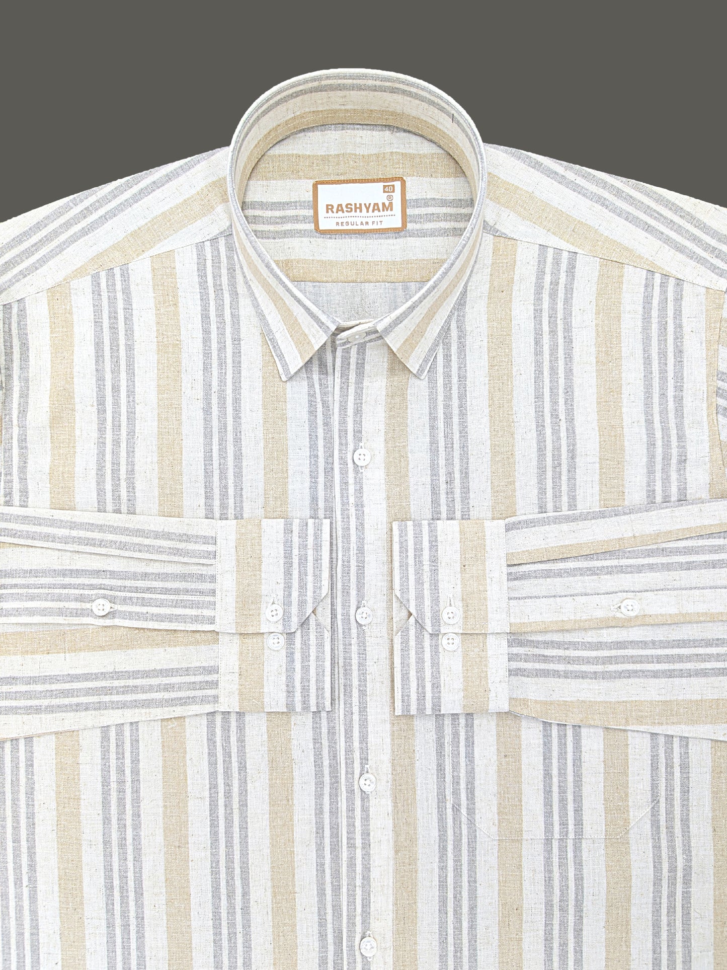 Orvieto Luxurious Linen Cotton Cream With Light Sand And Light Grey Stripes Formal Shirt