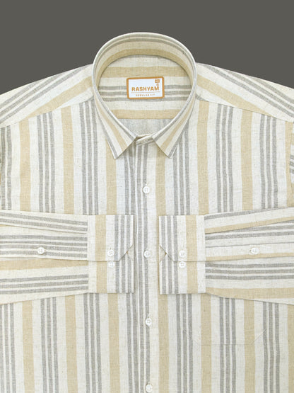 Orvieto Luxurious Linen Cotton Cream With Light Sand And Light Grey Stripes Formal Shirt