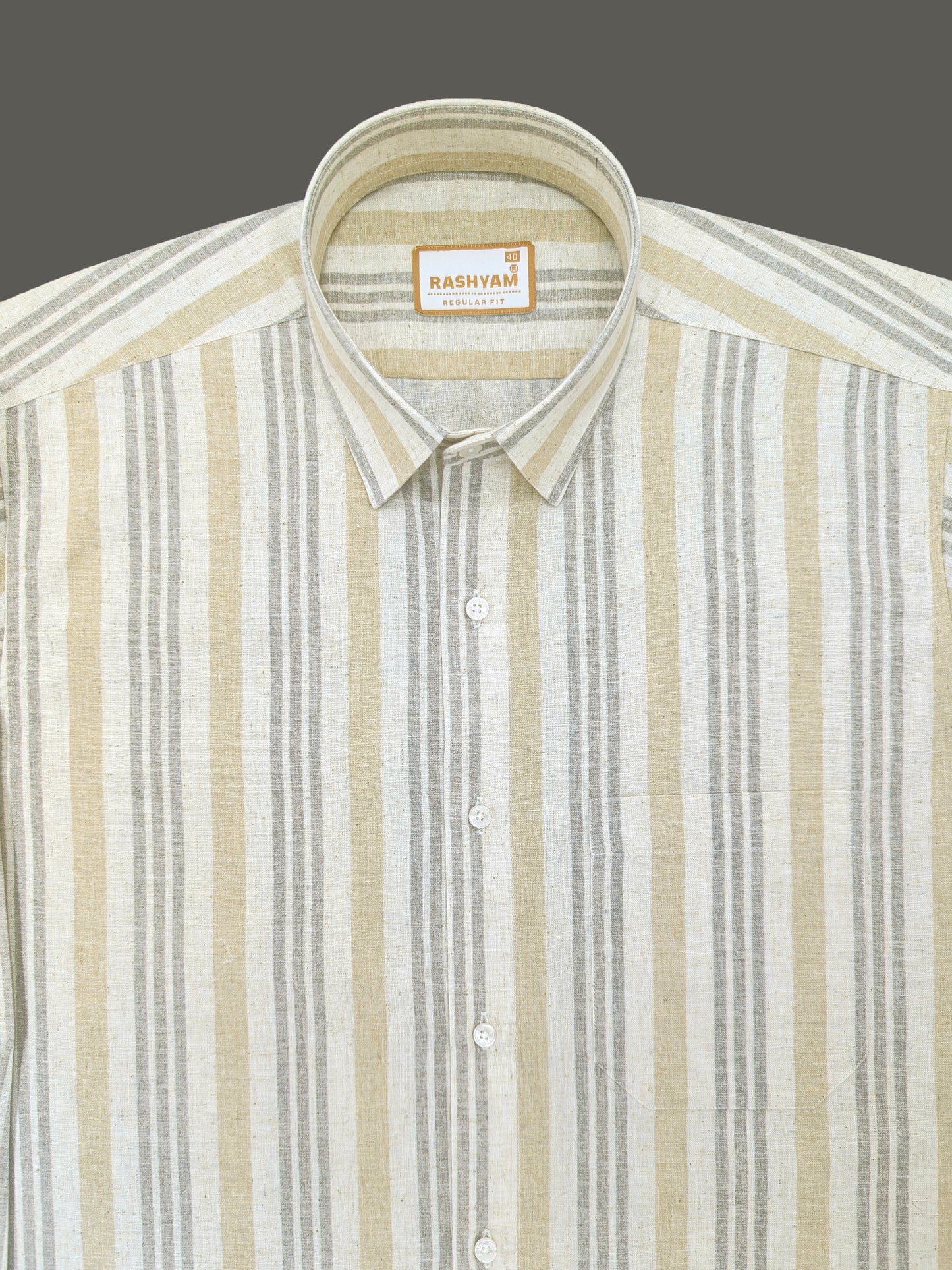 Orvieto Luxurious Linen Cotton Cream With Light Sand And Light Grey Stripes Formal Shirt