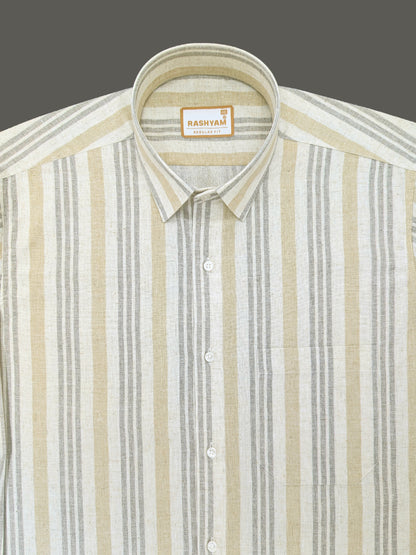 Orvieto Luxurious Linen Cotton Cream With Light Sand And Light Grey Stripes Formal Shirt