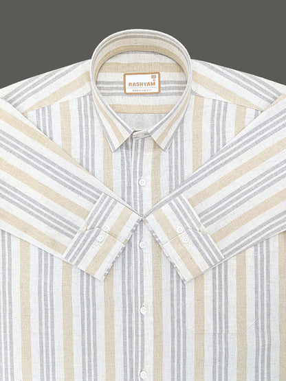 Orvieto Luxurious Linen Cotton Cream With Light Sand And Light Grey Stripes Formal Shirt