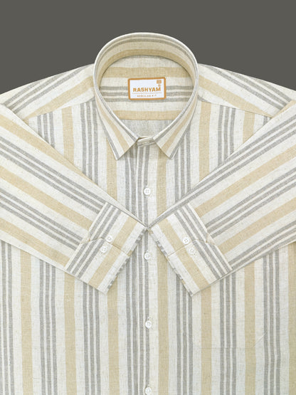 Orvieto Luxurious Linen Cotton Cream With Light Sand And Light Grey Stripes Formal Shirt