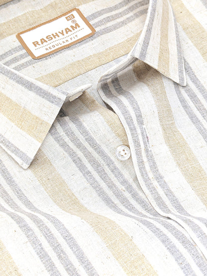 Orvieto Luxurious Linen Cotton Cream With Light Sand And Light Grey Stripes Formal Shirt