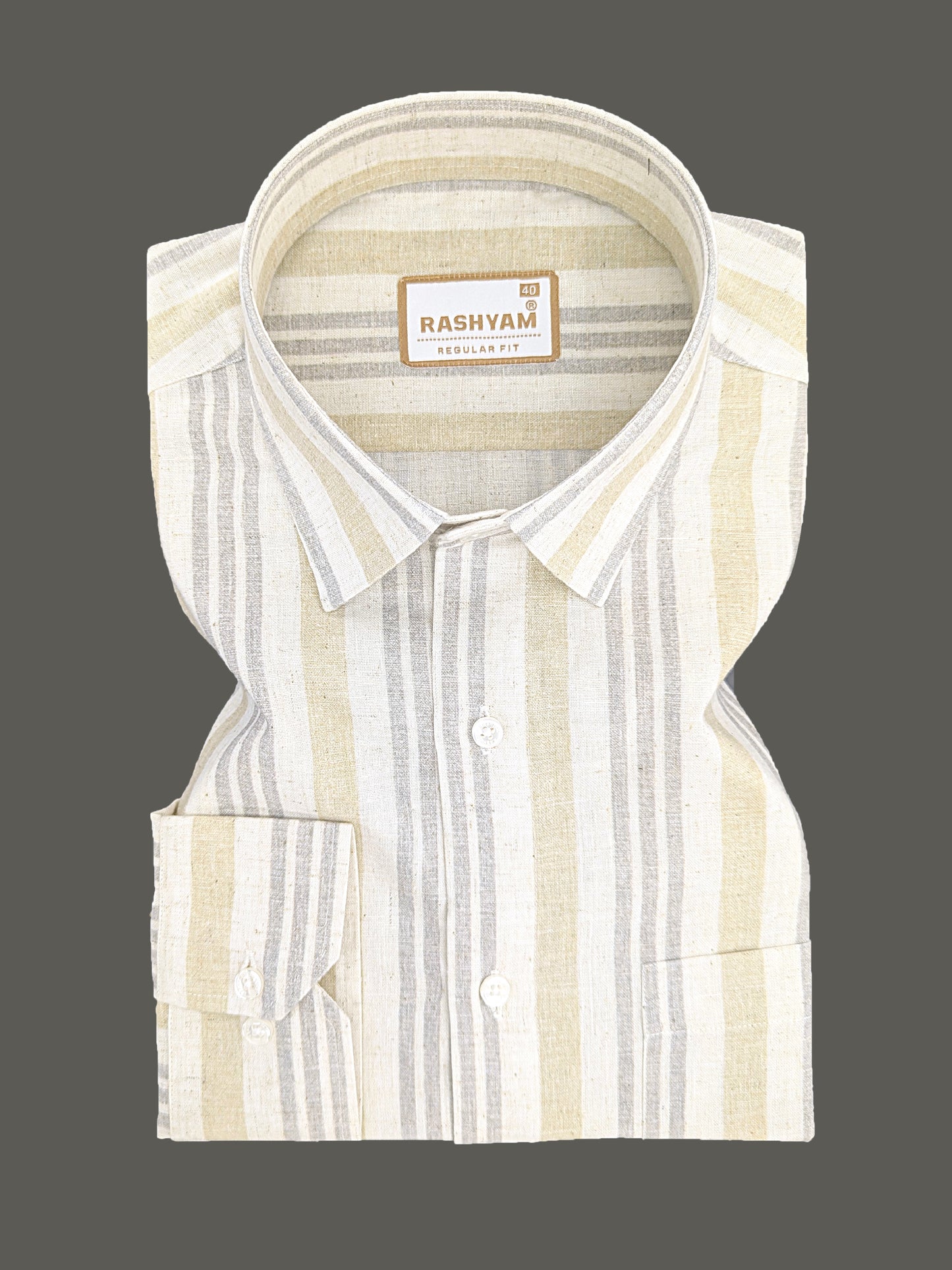 Orvieto Luxurious Linen Cotton Cream With Light Sand And Light Grey Stripes Formal Shirt
