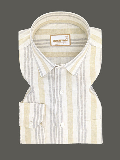 Orvieto Luxurious Linen Cotton Cream With Light Sand And Light Grey Stripes Formal Shirt
