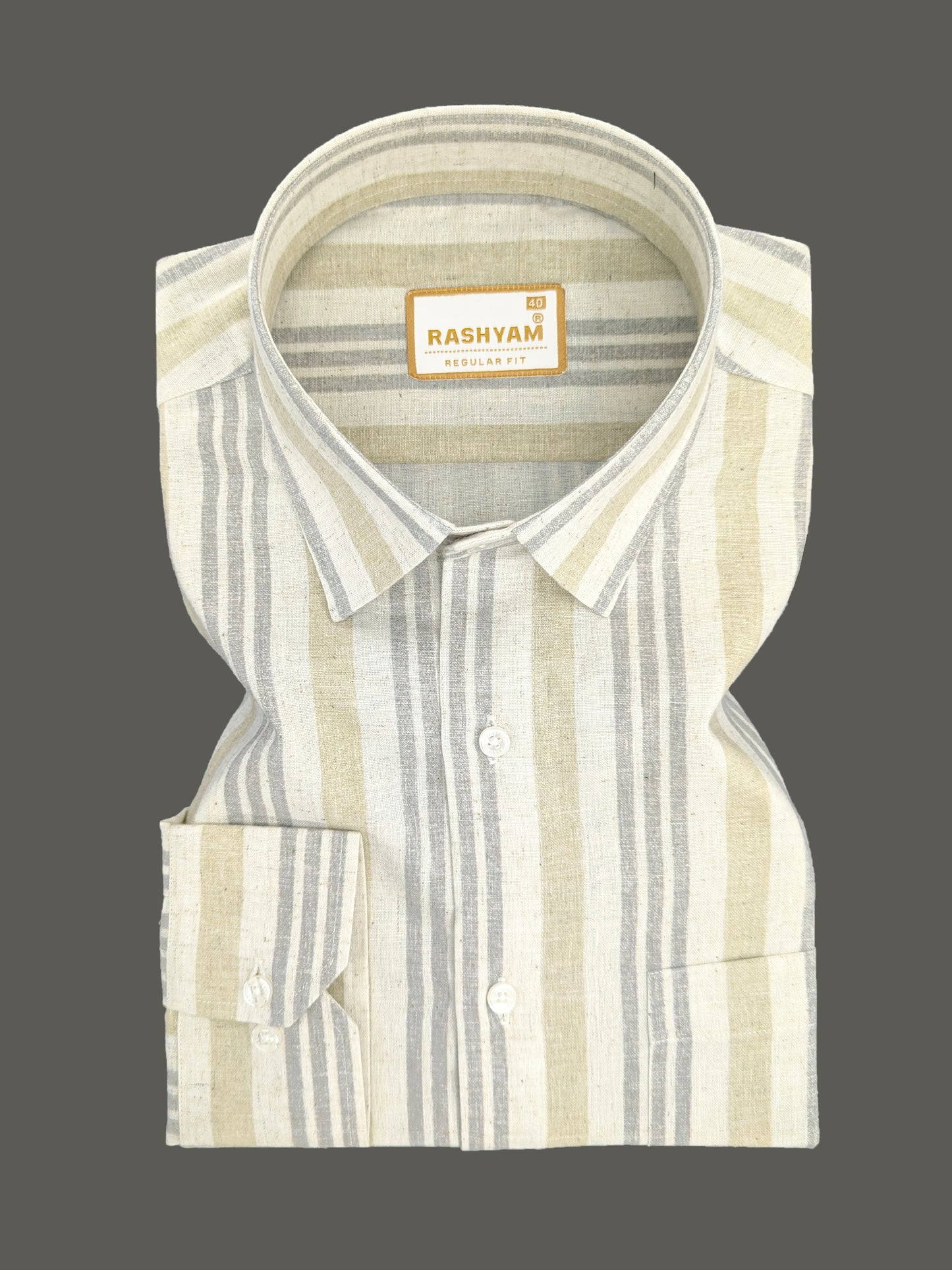 Orvieto Luxurious Linen Cotton Cream With Light Sand And Light Grey Stripes Formal Shirt