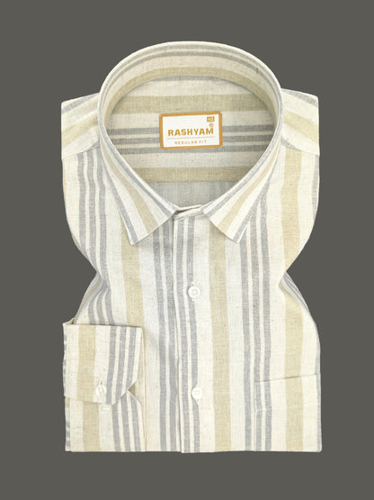 Orvieto Luxurious Linen Cotton Cream With Light Sand And Light Grey Stripes Formal Shirt