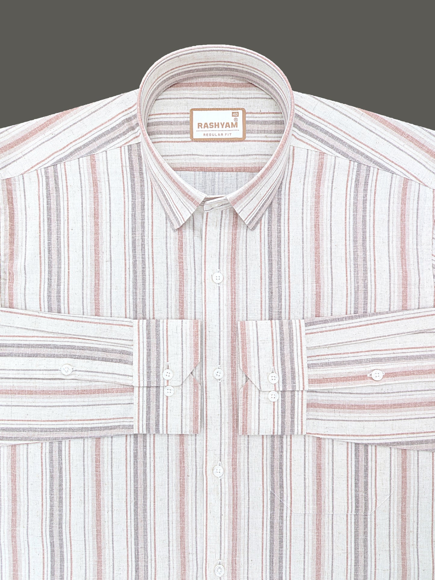 Orvieto Luxurious Linen Cotton Cream With Light Maroon And Light Grey-Brown Stripes Formal Shirt