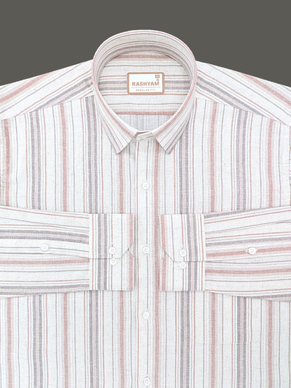Orvieto Luxurious Linen Cotton Cream With Light Maroon And Light Grey-Brown Stripes Formal Shirt