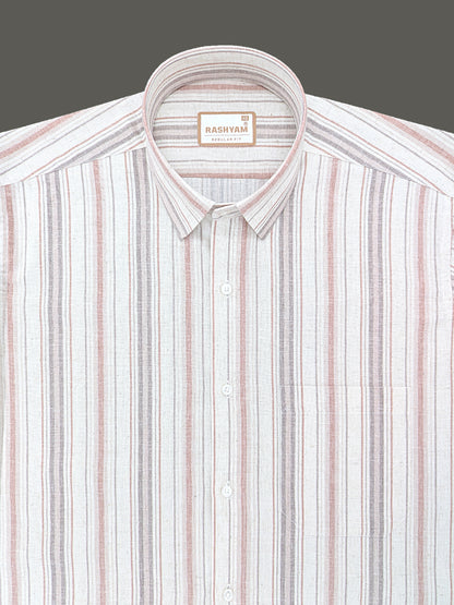 Orvieto Luxurious Linen Cotton Cream With Light Maroon And Light Grey-Brown Stripes Formal Shirt