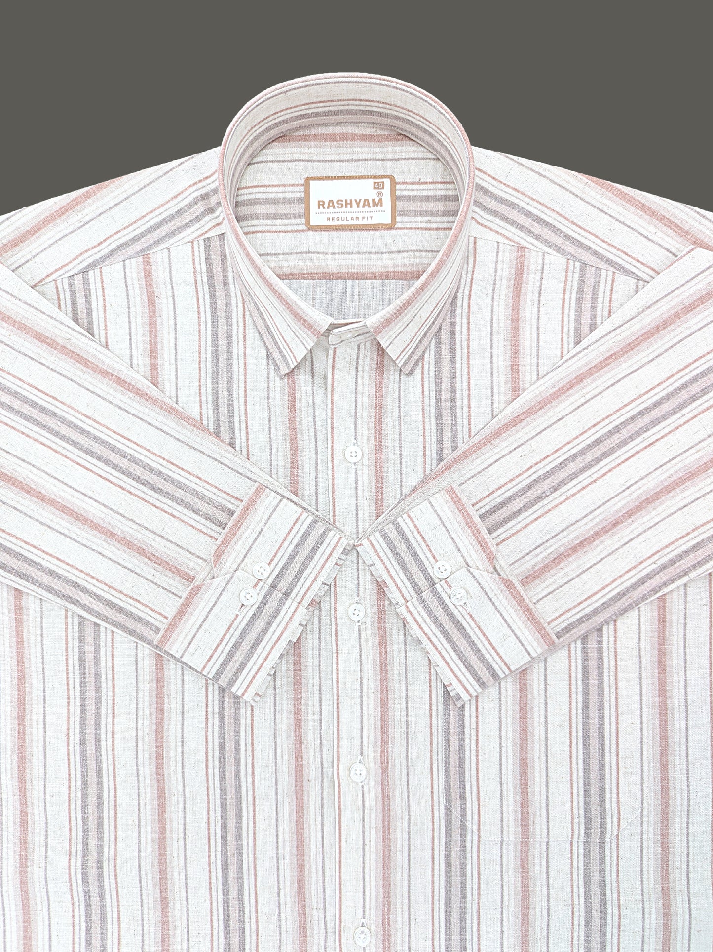 Orvieto Luxurious Linen Cotton Cream With Light Maroon And Light Grey-Brown Stripes Formal Shirt