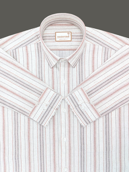 Orvieto Luxurious Linen Cotton Cream With Light Maroon And Light Grey-Brown Stripes Formal Shirt