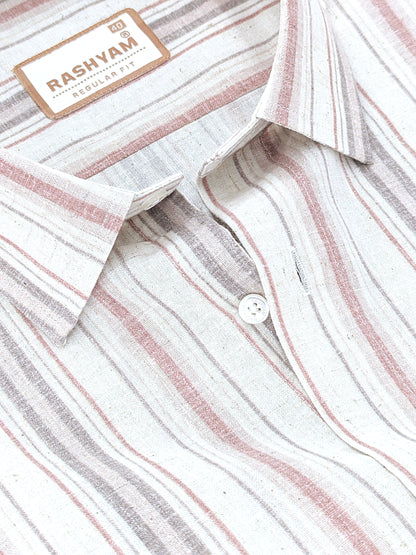 Orvieto Luxurious Linen Cotton Cream With Light Maroon And Light Grey-Brown Stripes Formal Shirt