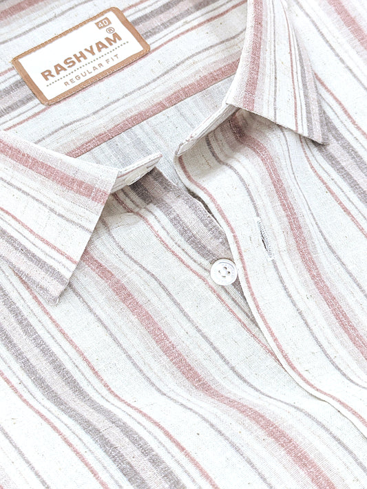 Orvieto Luxurious Linen Cotton Cream With Light Maroon And Light Grey-Brown Stripes Formal Shirt