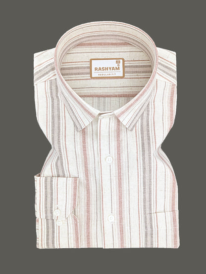 Orvieto Luxurious Linen Cotton Cream With Light Maroon And Light Grey-Brown Stripes Formal Shirt