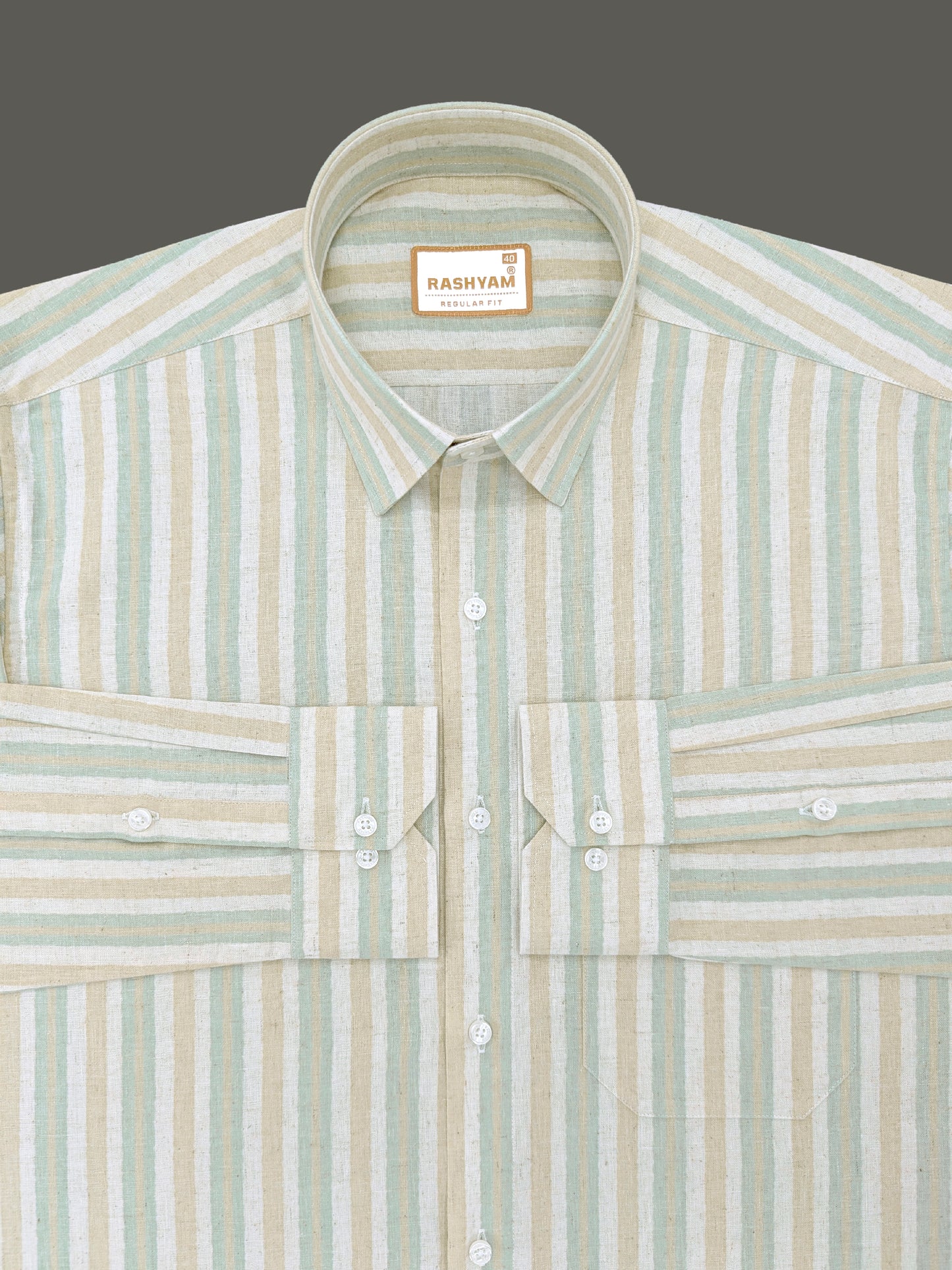 Orvieto Luxurious Linen Cotton Cream With Beige And Pale Sage Green Stripes Formal Shirt