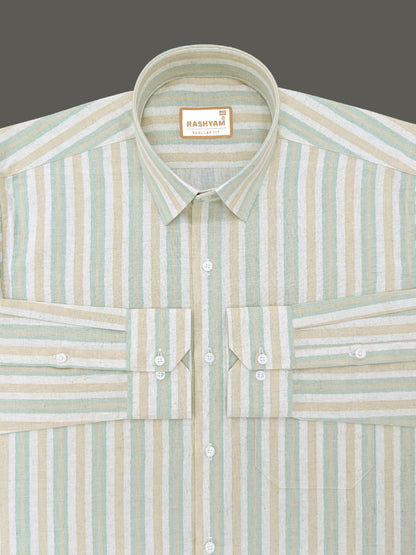 Orvieto Luxurious Linen Cotton Cream With Beige And Pale Sage Green Stripes Formal Shirt