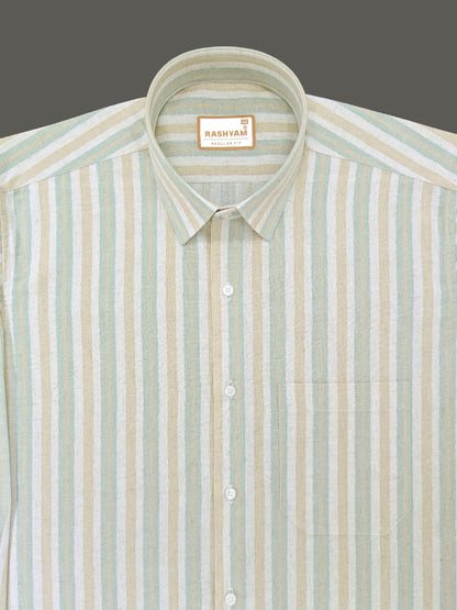Orvieto Luxurious Linen Cotton Cream With Beige And Pale Sage Green Stripes Formal Shirt