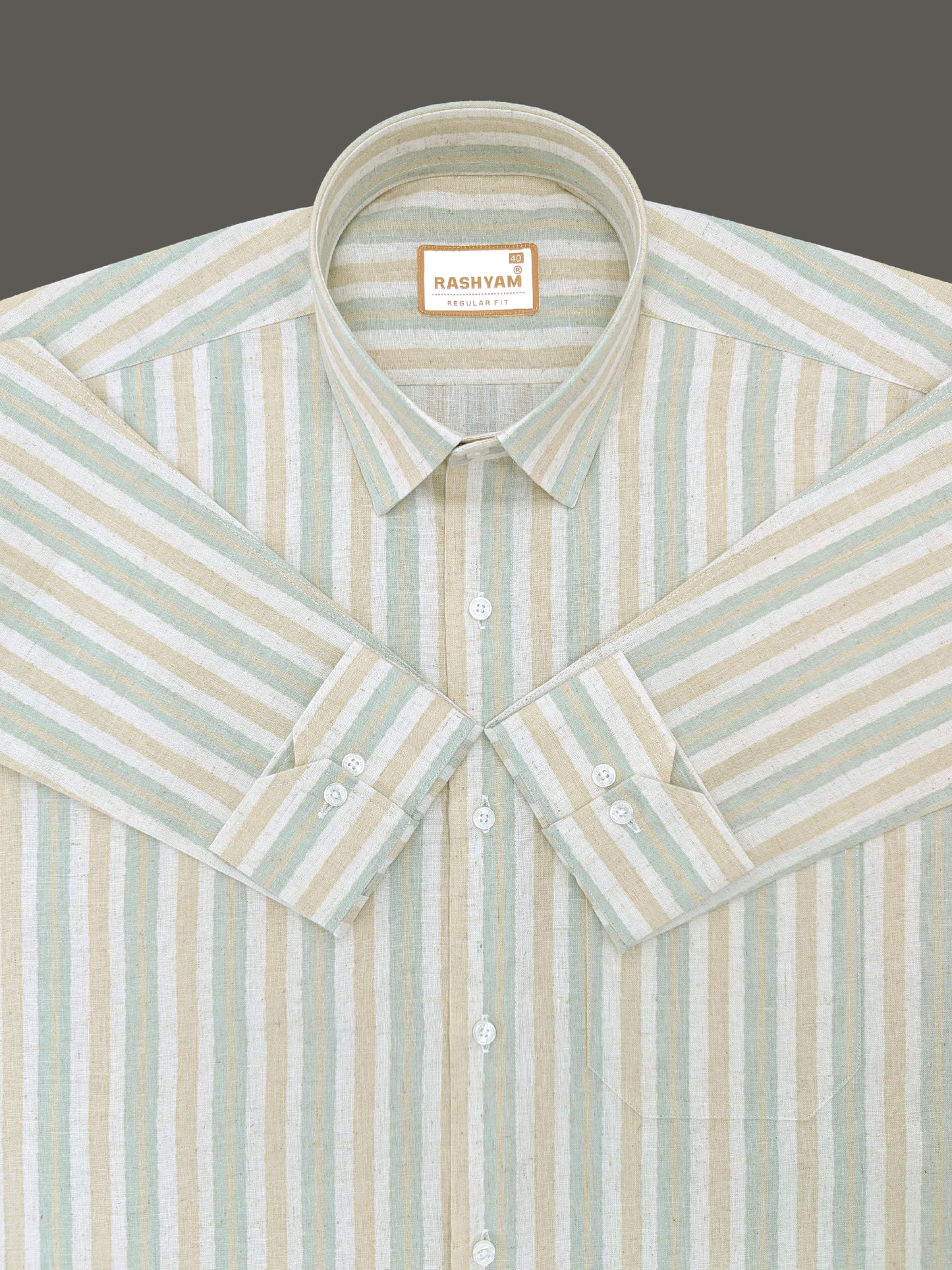 Orvieto Luxurious Linen Cotton Cream With Beige And Pale Sage Green Stripes Formal Shirt