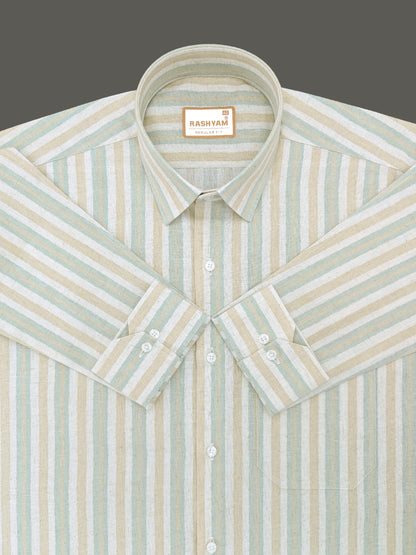 Orvieto Luxurious Linen Cotton Cream With Beige And Pale Sage Green Stripes Formal Shirt