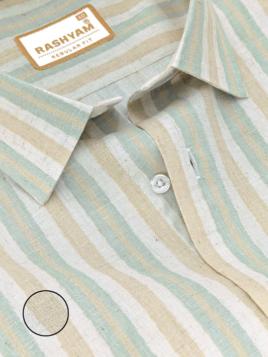 Orvieto Luxurious Linen Cotton Cream With Beige And Pale Sage Green Stripes Formal Shirt